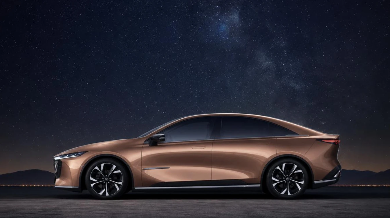 Illustration: a generic electric sedan in profile at night. Not a photograph of a Mazda EZ6.