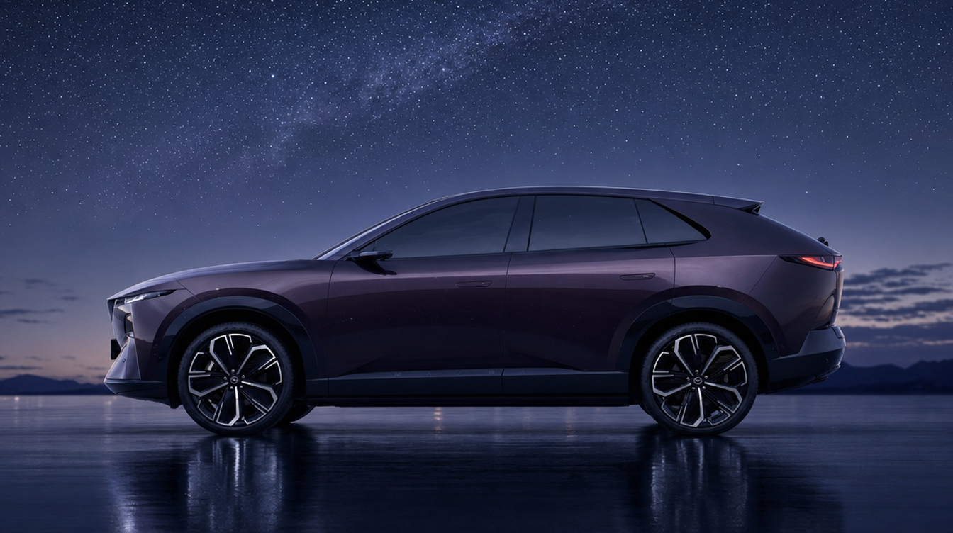 Illustration: a generic electric crossover in profile at night. Not a photograph of a Mazda EZ60.