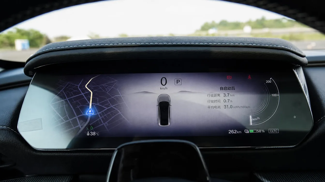 Visualisation: a wide digital instrument cluster behind the steering wheel, with a dark map on its left side showing the route and the position arrow, and the speed, the car, trip figures and remaining range beside it. Not a photograph.
