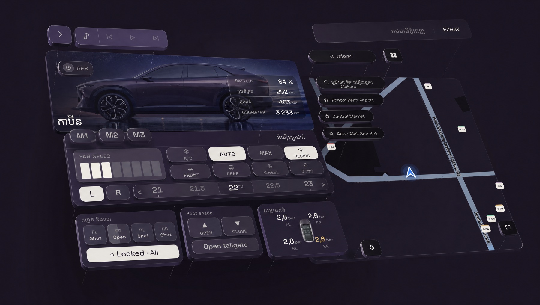 Cabin and climate with the interface in Khmer: fan speed, A/C, AUTO, MAX, RECIRC, defrost, the temperature dial, windows and locks, roof shade, Open tailgate, and tyre pressures.