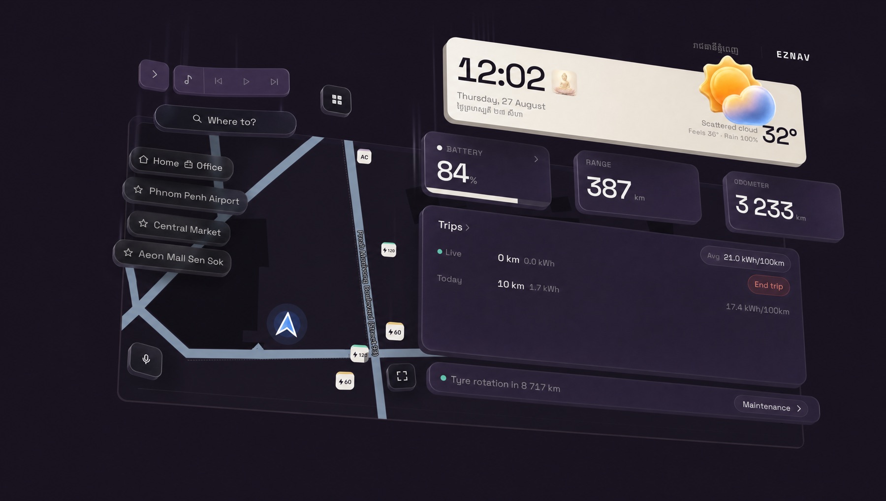 The driving dashboard: the map with the position puck and charger pins, saved places, a clock and weather card, battery 84 per cent, range 387 kilometres, the odometer, the trips card and a maintenance line.