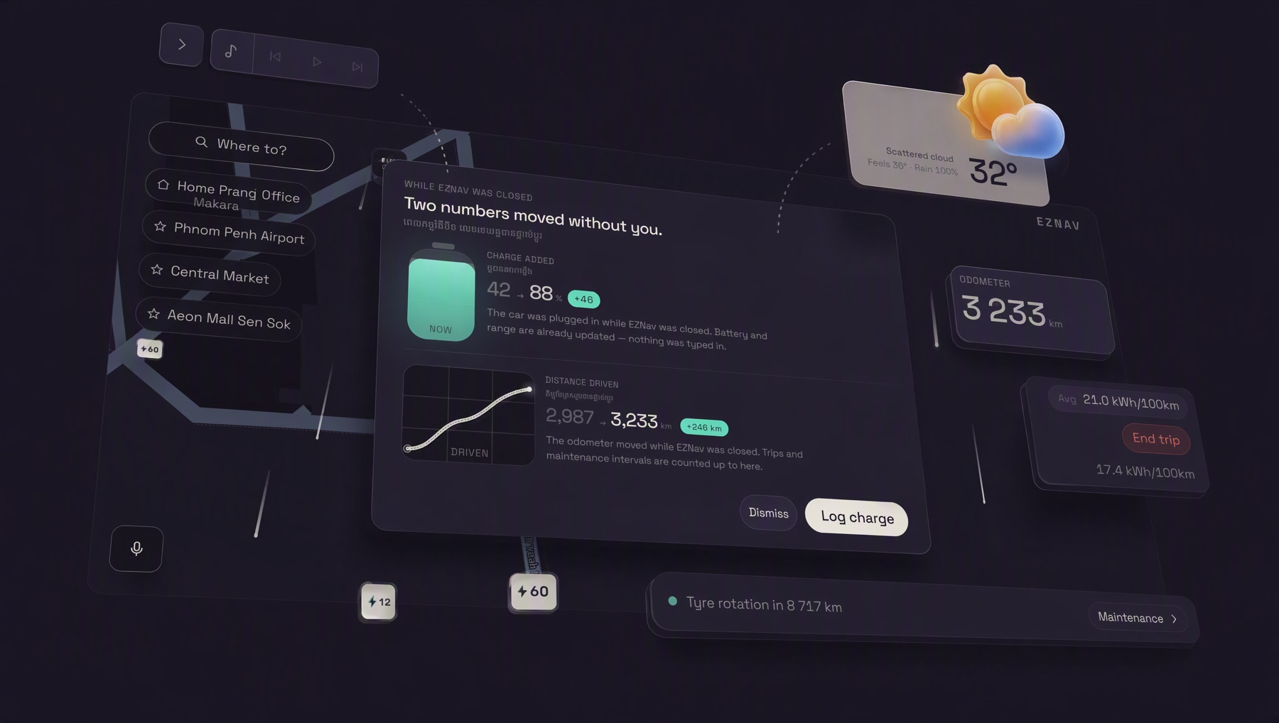 The gap catch-up card, headed “Two numbers moved without you”: the charge the car took and the distance it covered while the app was closed, already reconciled.