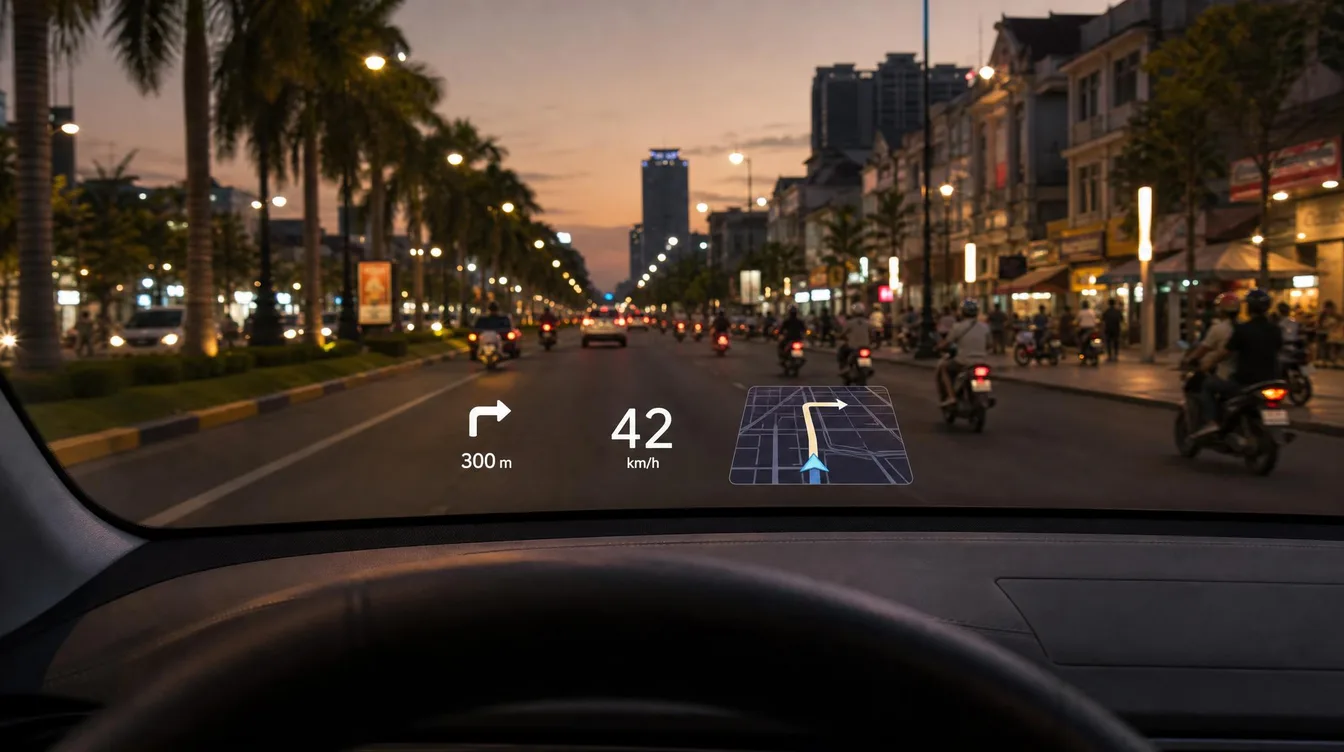 Visualisation: a head-up display on a windscreen at dusk, with a turn arrow, the speed, and a small 3D map tile showing the route ahead. Not a photograph.