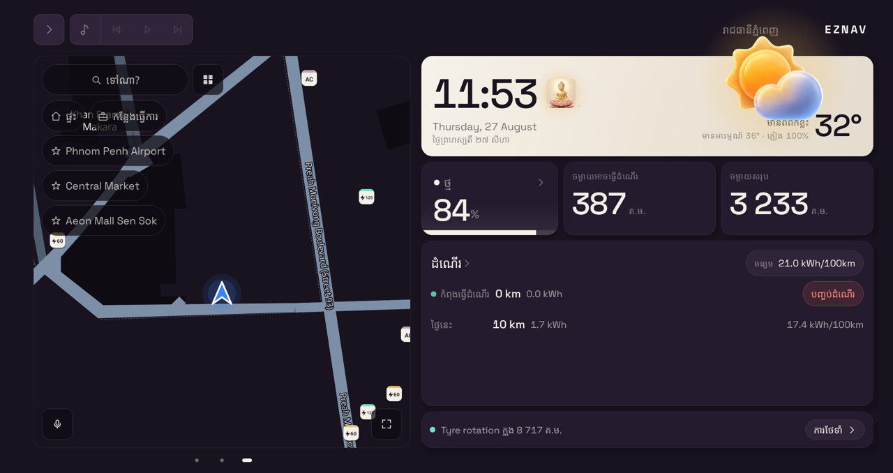 The dashboard in Khmer at night on a Buddhist holy day, with the lunar calendar marker shown.